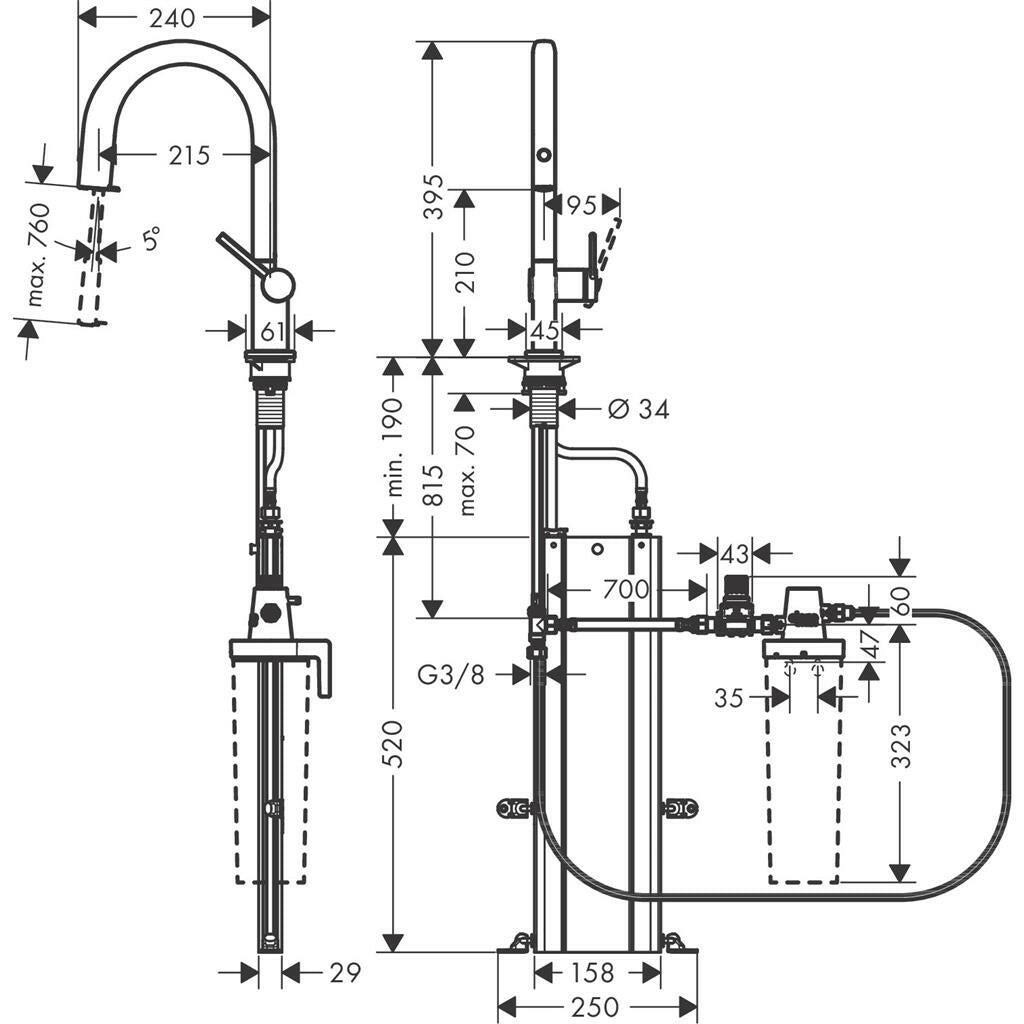 Hansgrohe Aqittura M91 Filtersystem konyhai csaptelep 210, kihúzható kifolyó, 1jet, sBox, matt fekete (76826670) - méretrajz