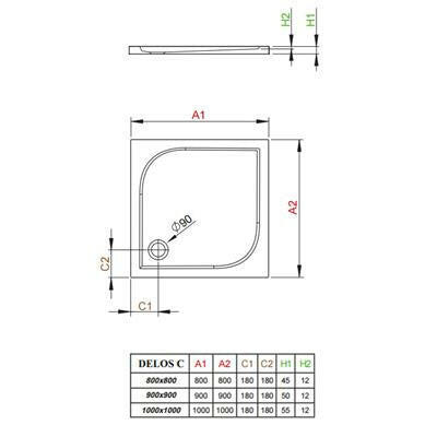 Radaway Delos C zuhanytálca 90x90 cm akril, lapos, ST90 szifonnal (cikkszám: SDC0909-01)-1